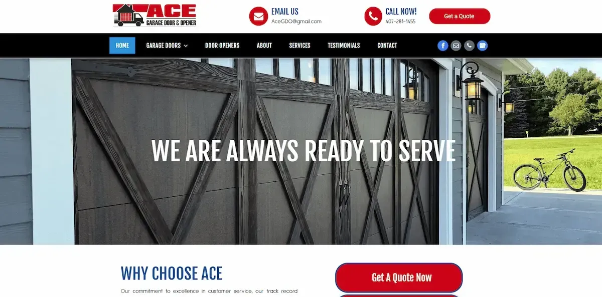 A website for a garage door company says we are always ready to serve