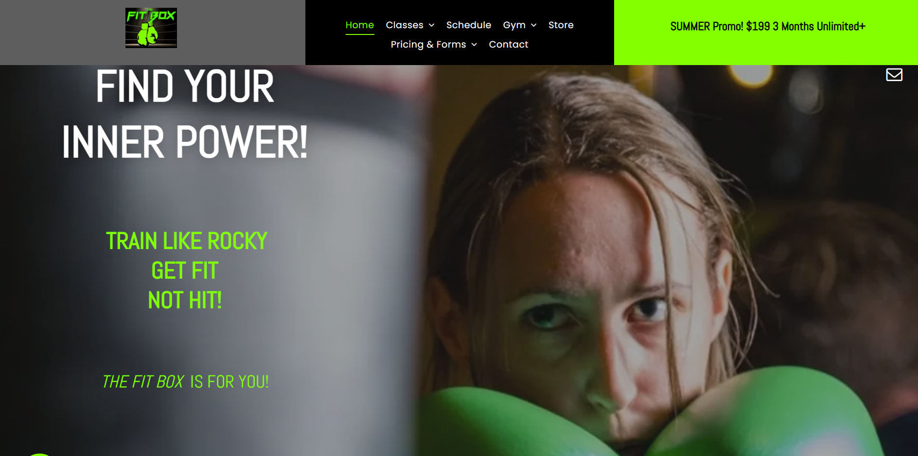 A woman wearing green boxing gloves is on a boxing website.