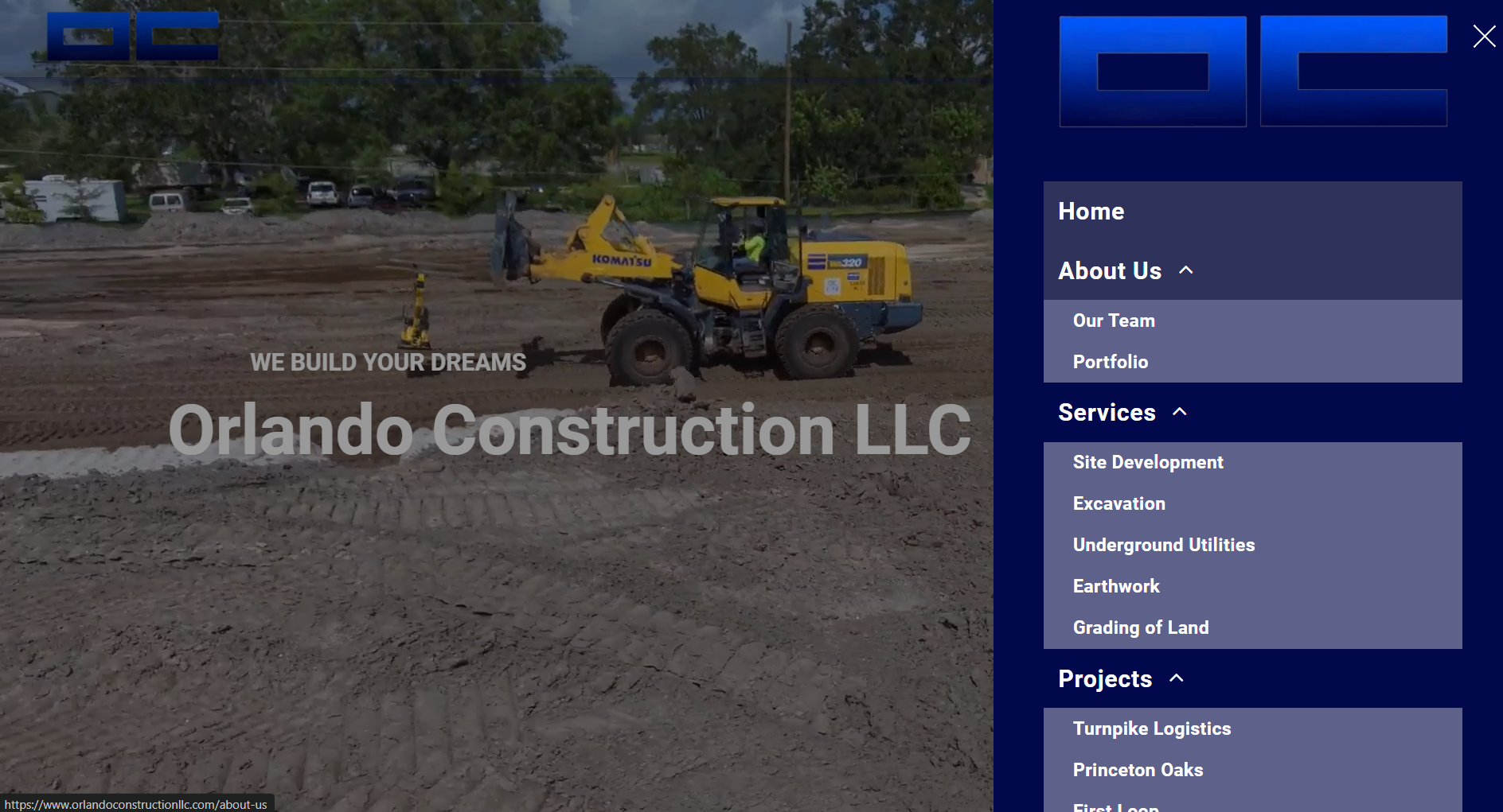 A website for orlando construction llc shows a bulldozer in a dirt field