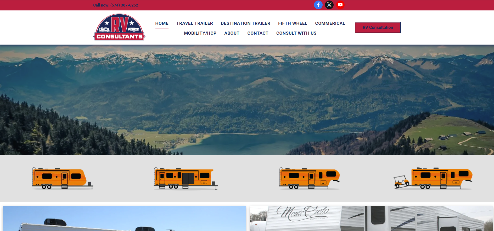 A screenshot of a website for rvs with a mountain in the background.