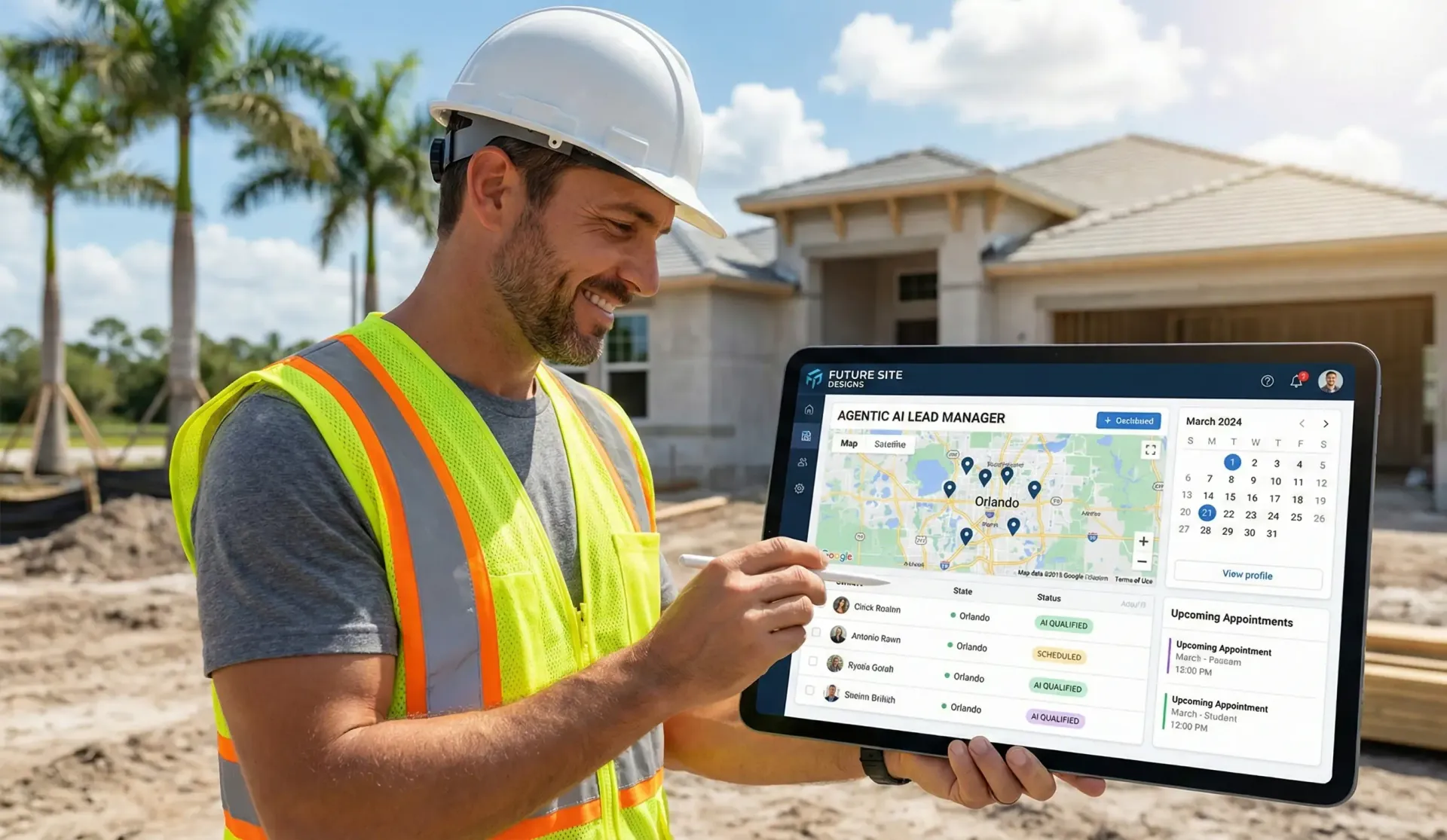 Orlando contractor using a tablet with an AI dashboard to manage construction leads and project schedules.