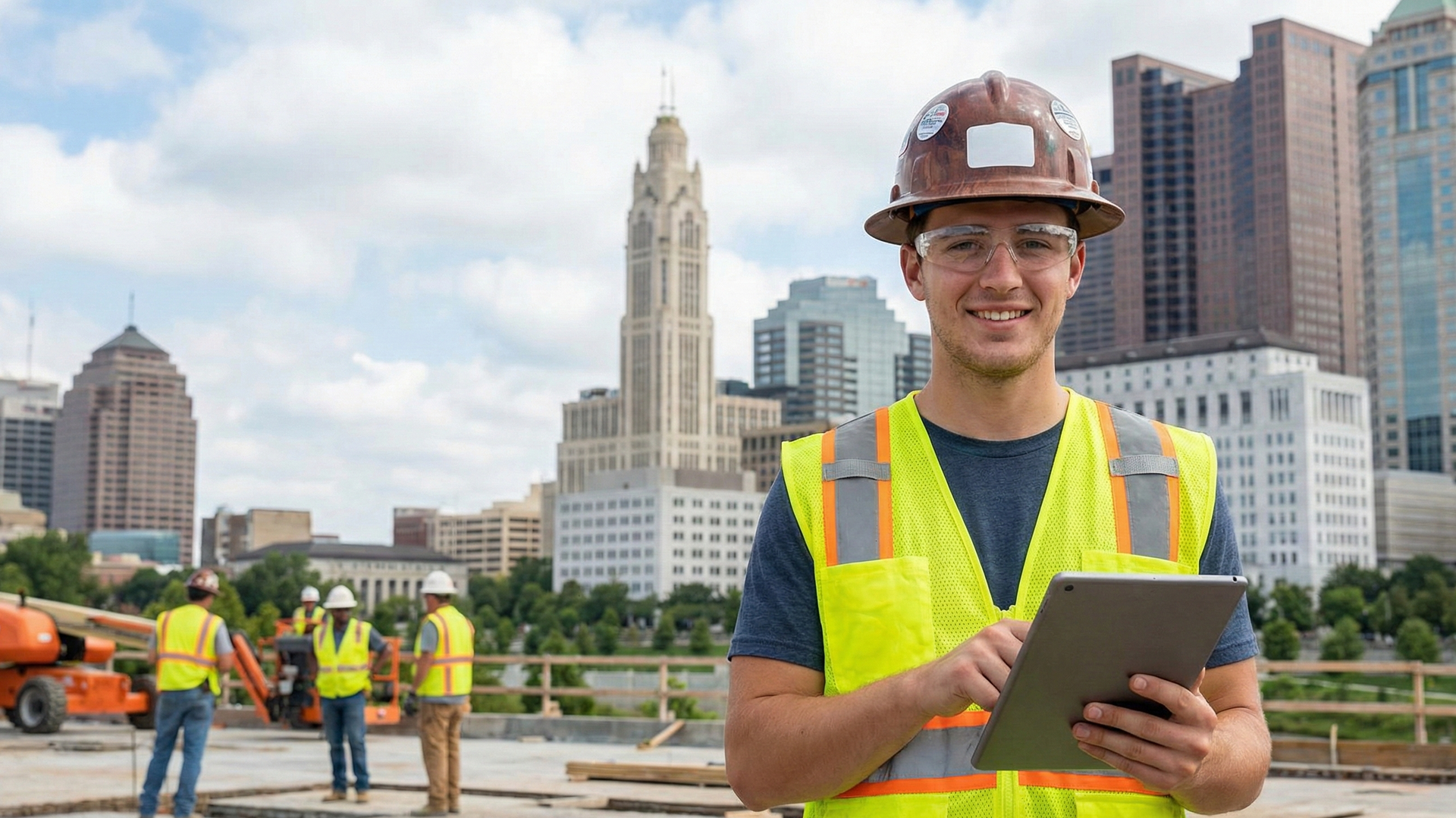 Young skilled trade worker using digital technology on a Columbus Ohio construction site.
