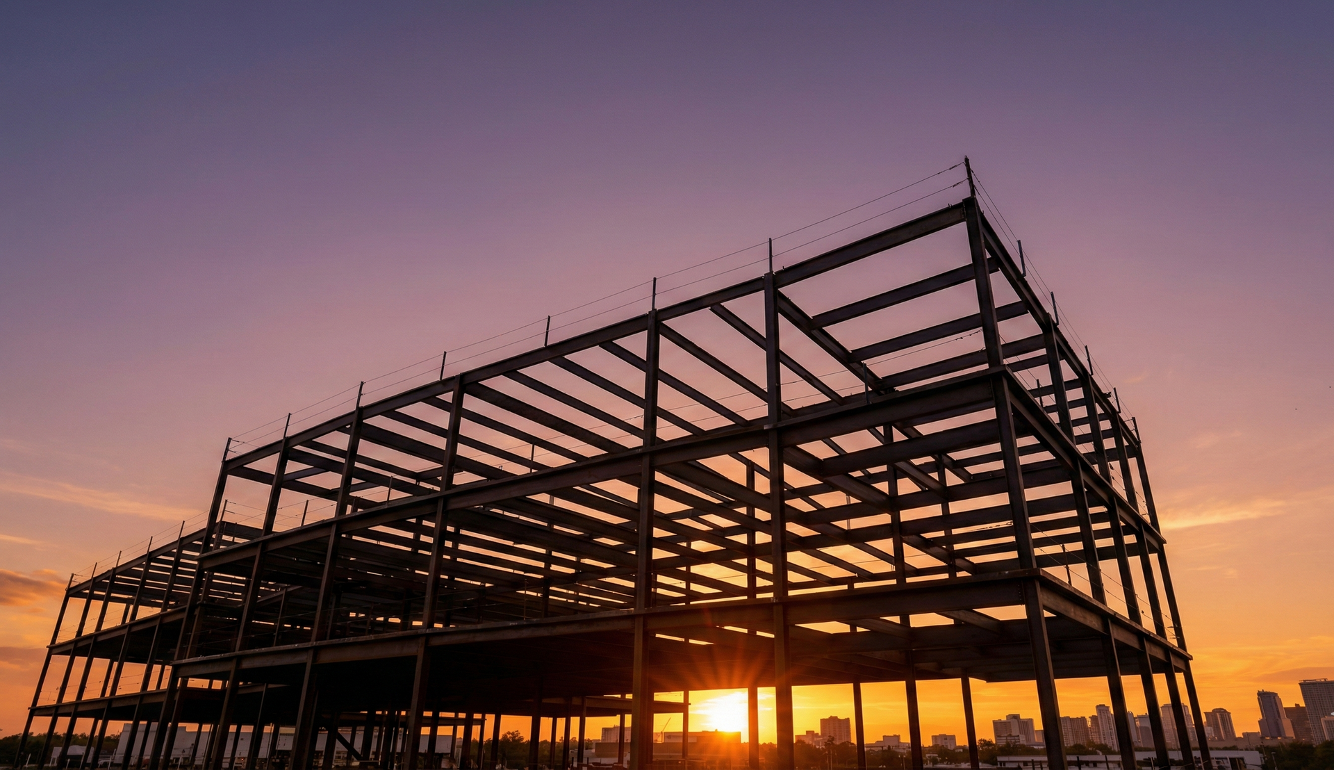 Steel commercial building frame in downtown Orlando representing hurricane-resistant construction marketing.