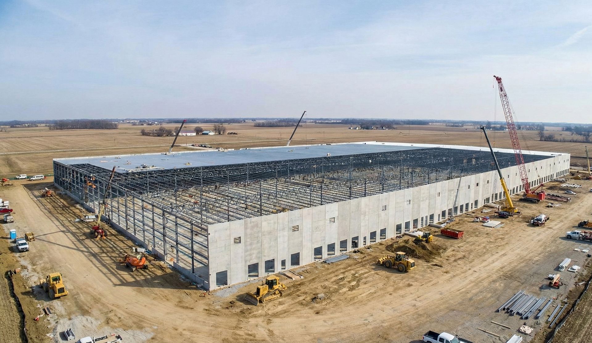 Large scale commercial industrial construction site in Central Ohio for data center development.