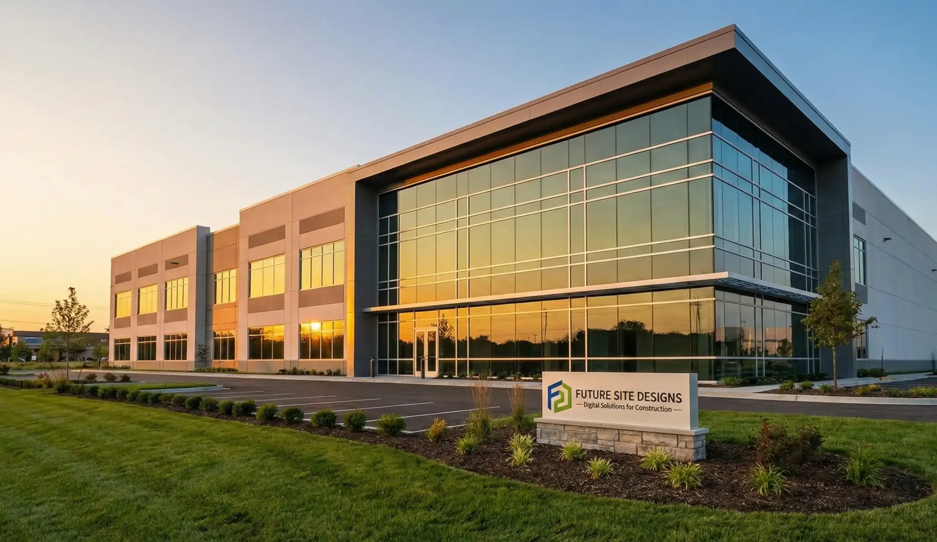 A newly completed modern commercial building at sunset with a sign for Future Site Designs in the foreground, symbolizing a successful construction project outcome.