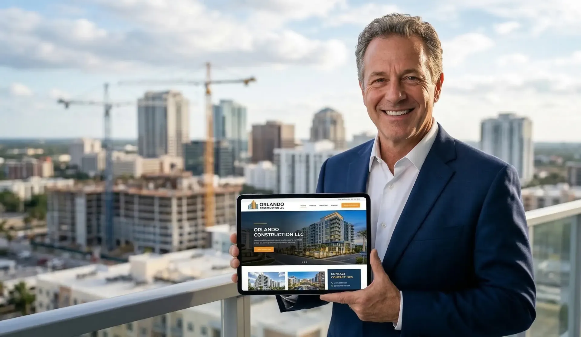 Confident construction executive showcasing a high-performance Duda website for Orlando Construction LLC on a tablet.