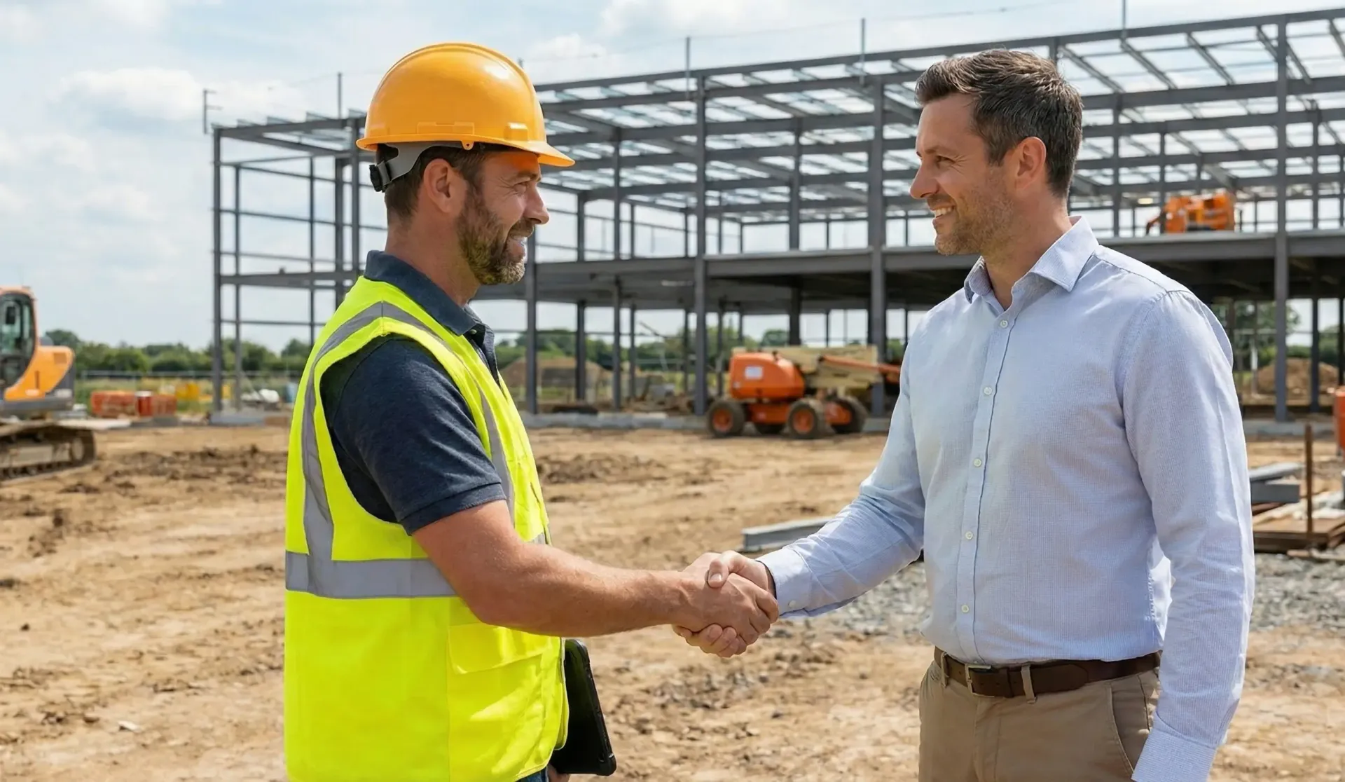 A construction foreman looking at a blue digital blueprint overlay on a professional web design for construction companies.