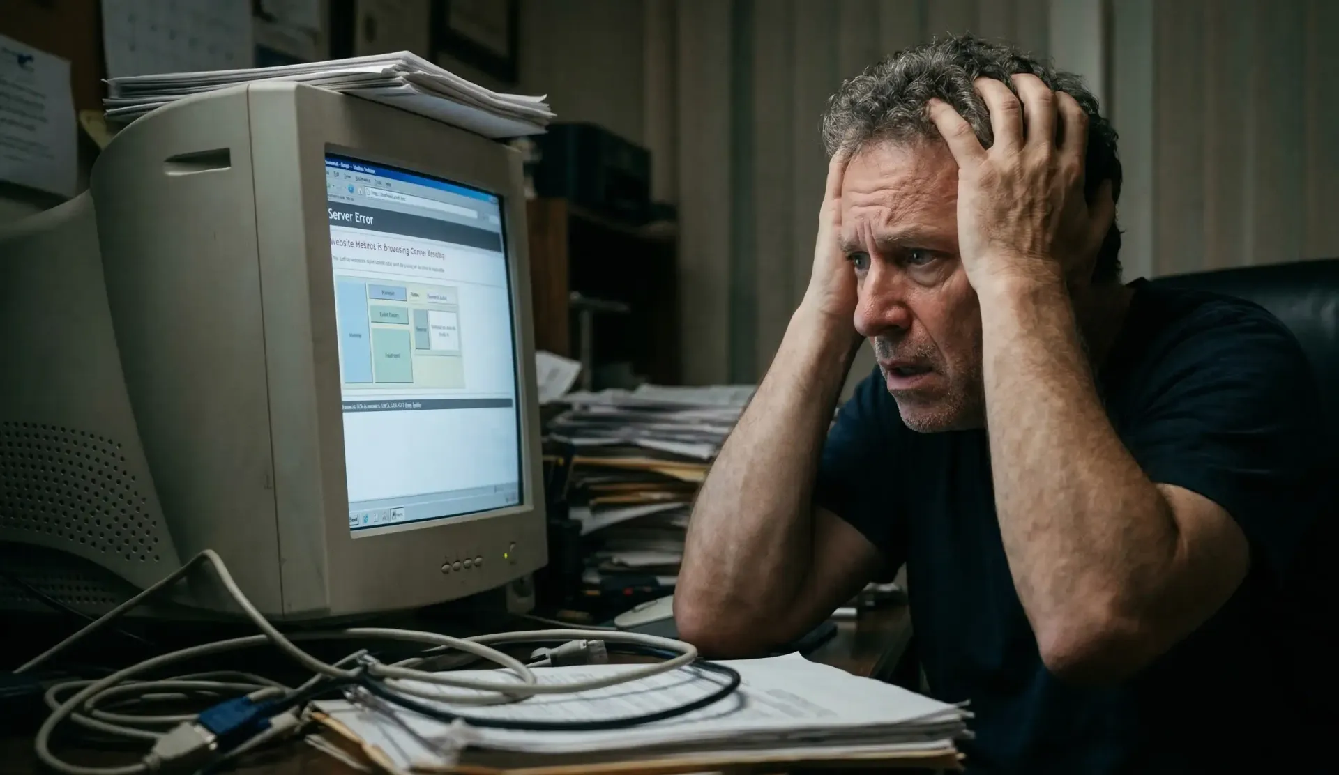 Frustrated business owner stressing over a slow website error, representing the hidden cost of cheap web hosting.