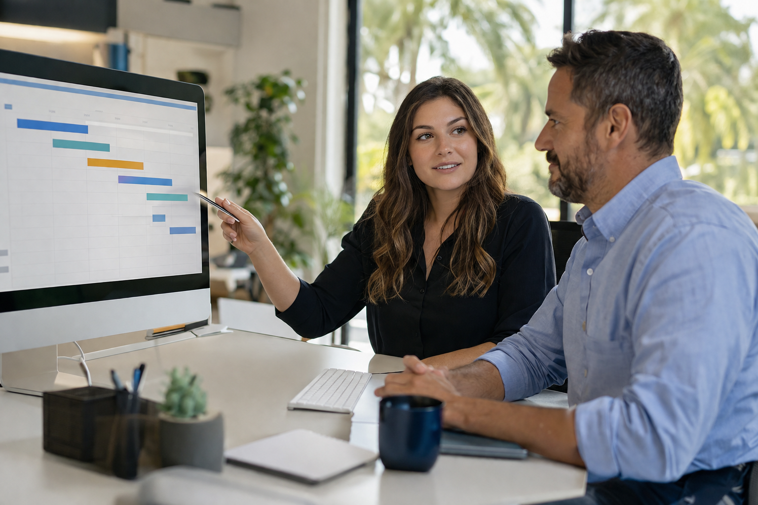 Web designer and Orlando small business owner reviewing a website project timeline on a monitor.