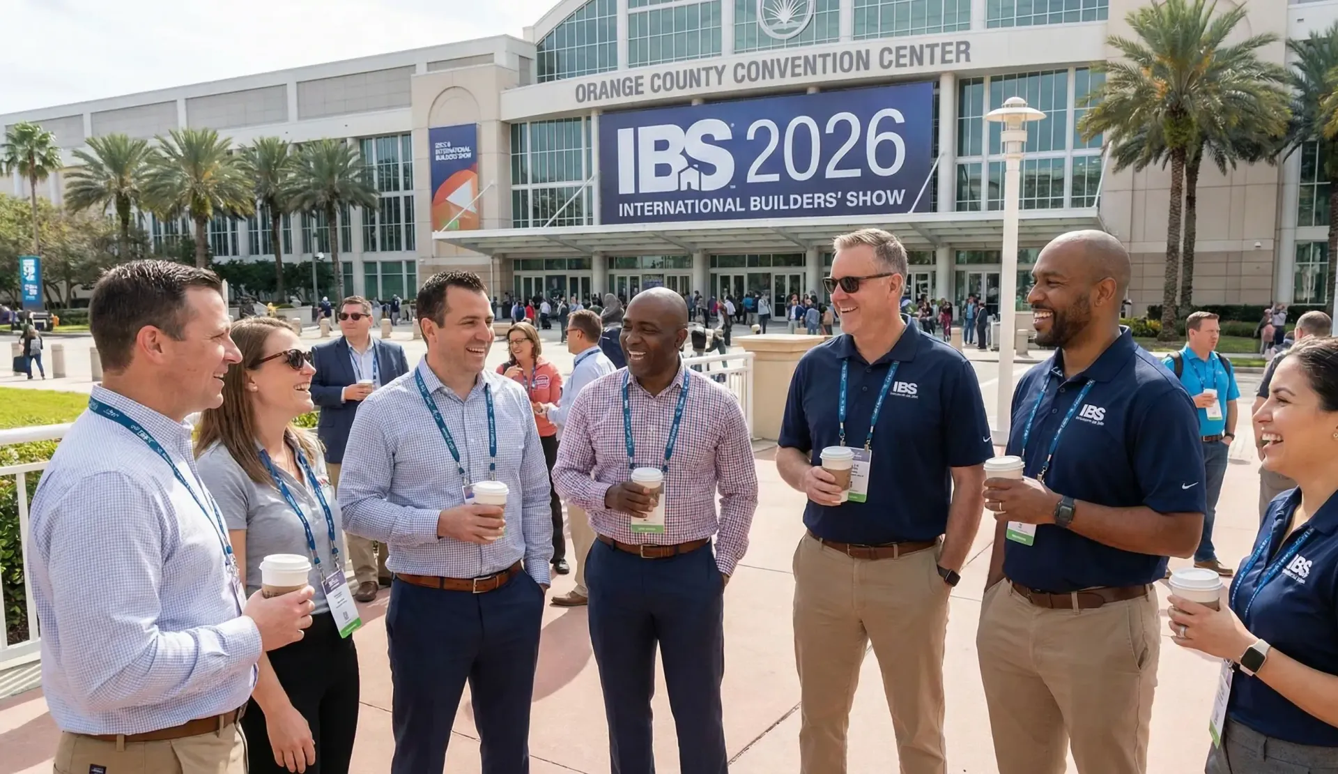 Construction professionals networking over coffee near the Orange County Convention Center during IBS 2026.