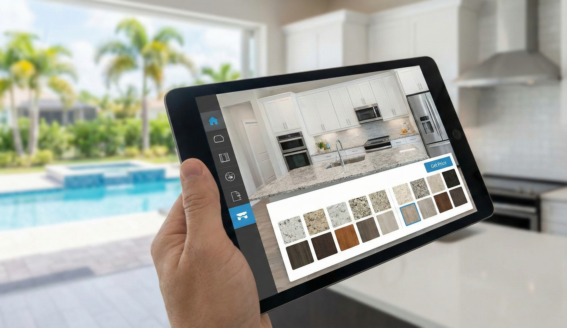 Homeowner using an interactive kitchen remodeling cost estimator on a tablet in Orlando.
