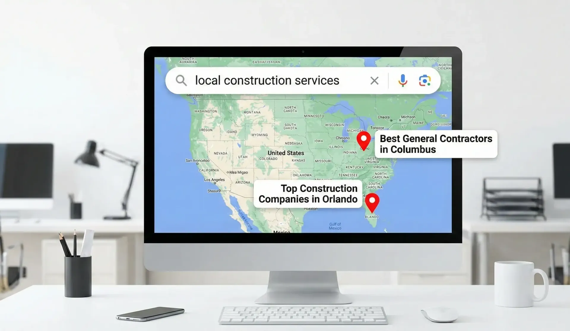 A digital map showing high search engine rankings for construction services in Orlando Florida and Columbus Ohio.