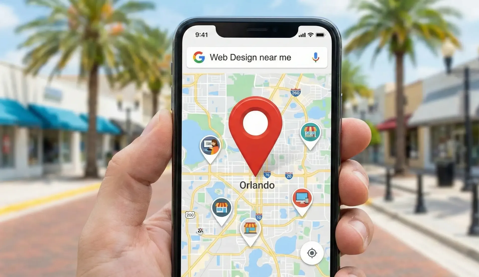 Smartphone showing local SEO map results for Orlando businesses.