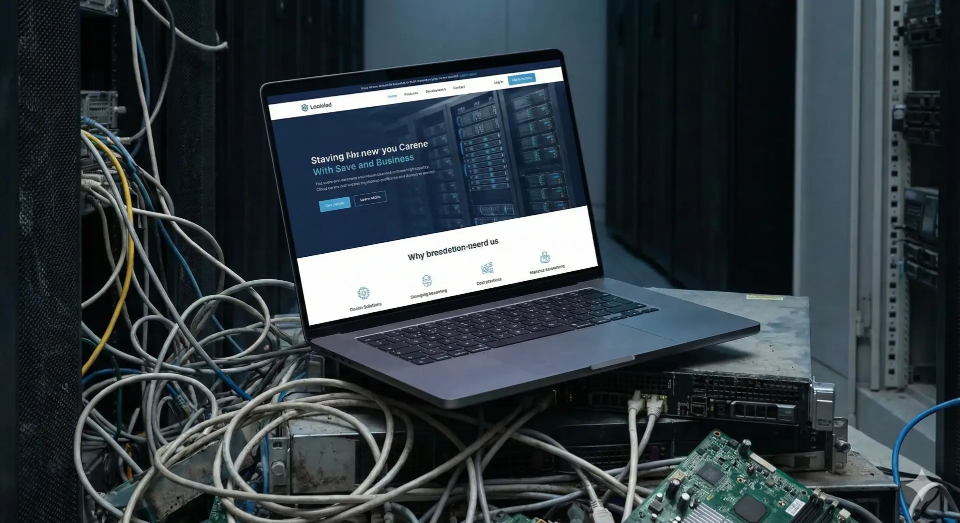 A laptop showing a modern website sitting on a pile of messy server cables representing technical debt and slow site speed.