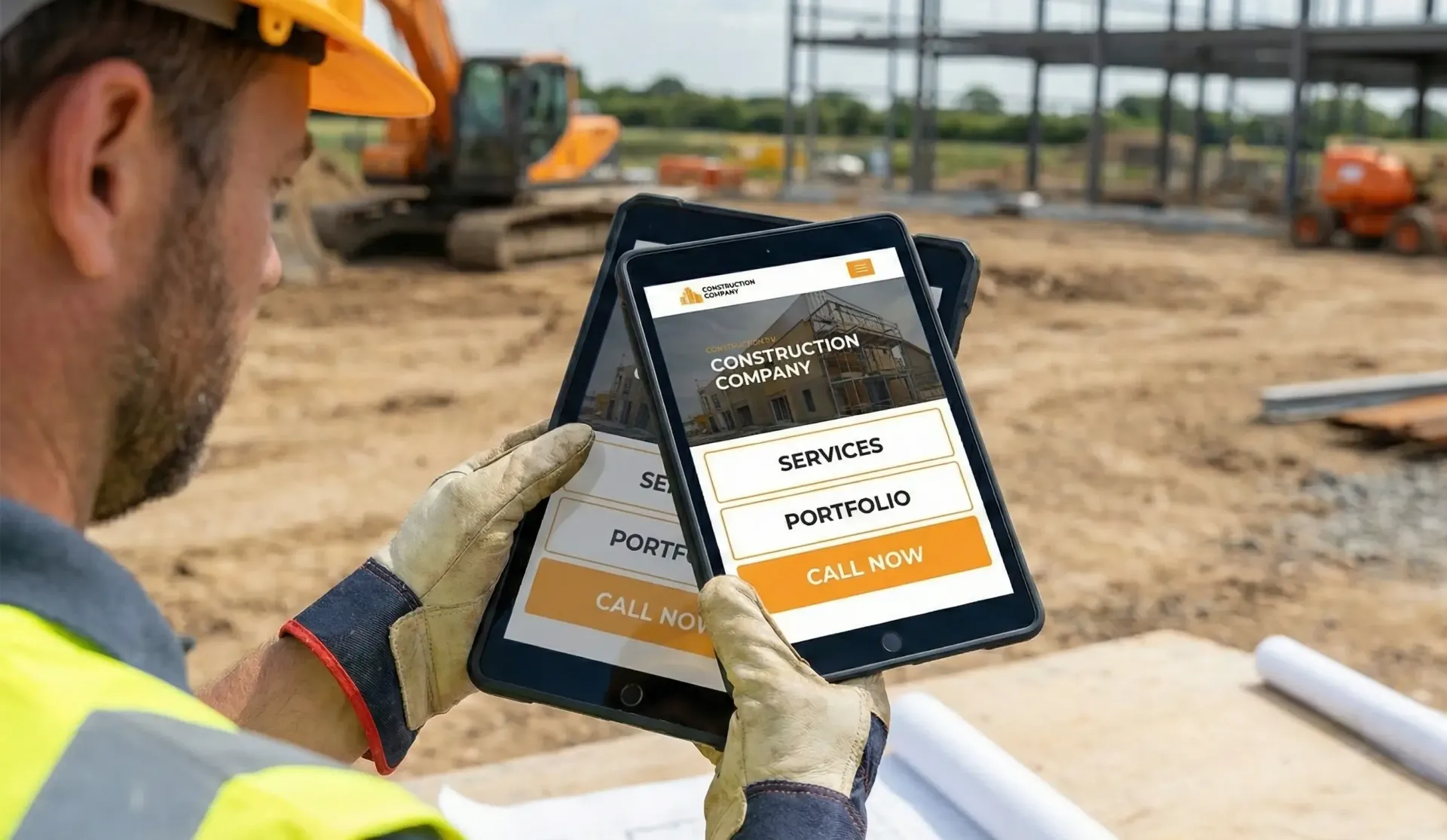 A project manager on a construction site is using an iPad to view a mobile-friendly contractor website with large navigation buttons.
