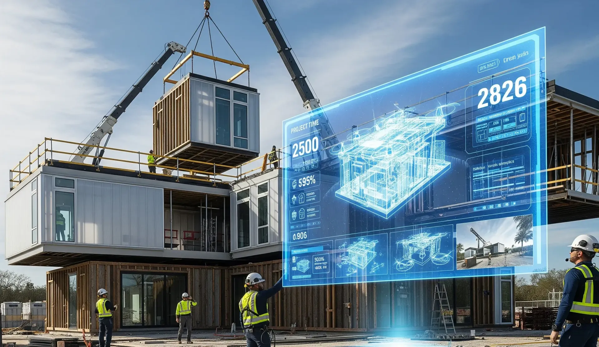 High-tech construction site in Orlando February 2026 showing modular home building with holographic project stats.
