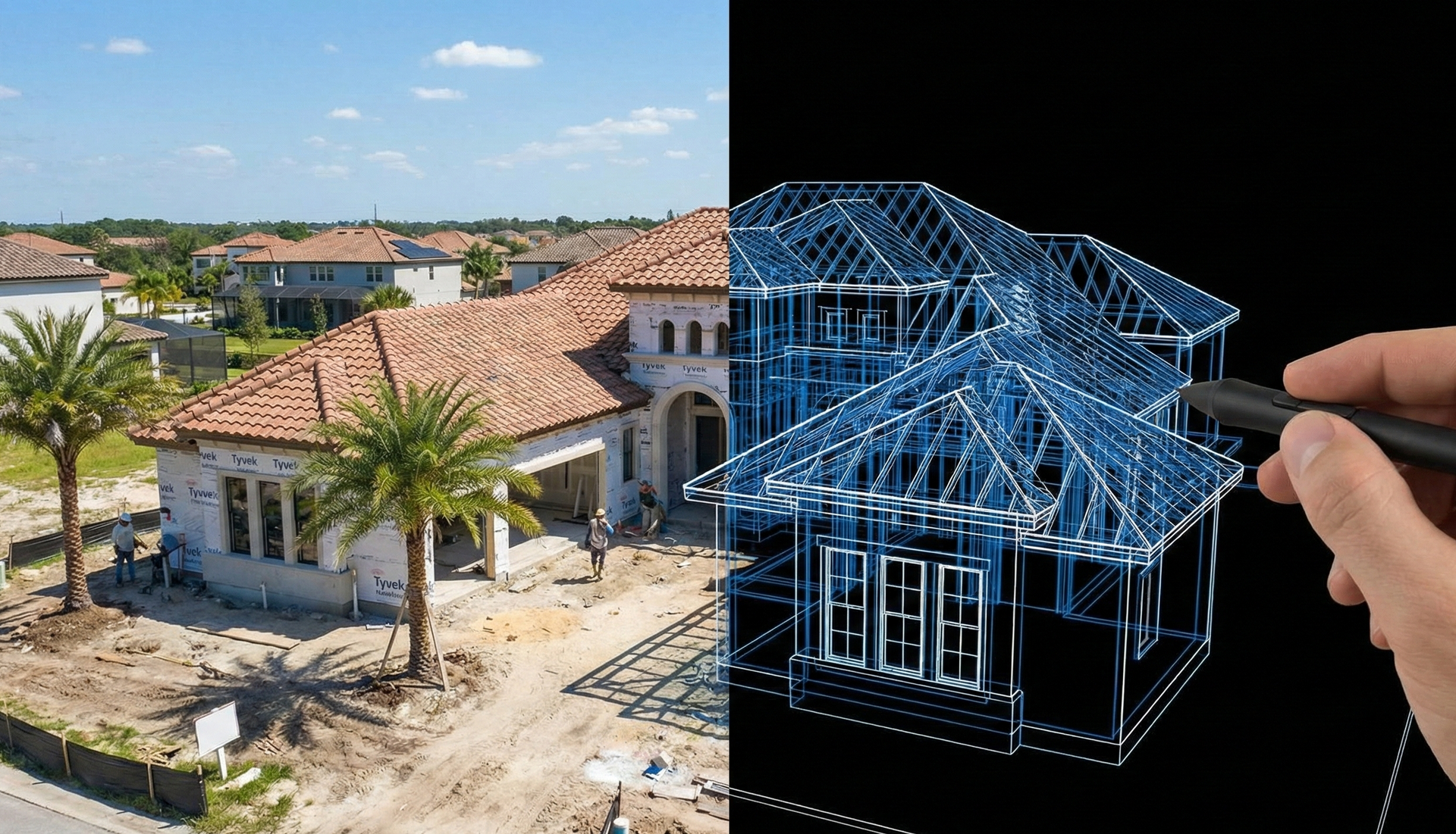 Drone view of Orlando residential construction site comparing physical build to digital 3D model for contractor websites.