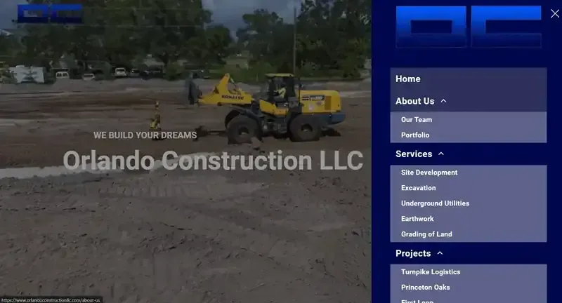 Orlando Construction LLC website, with a construction vehicle and a dark blue navigation menu.