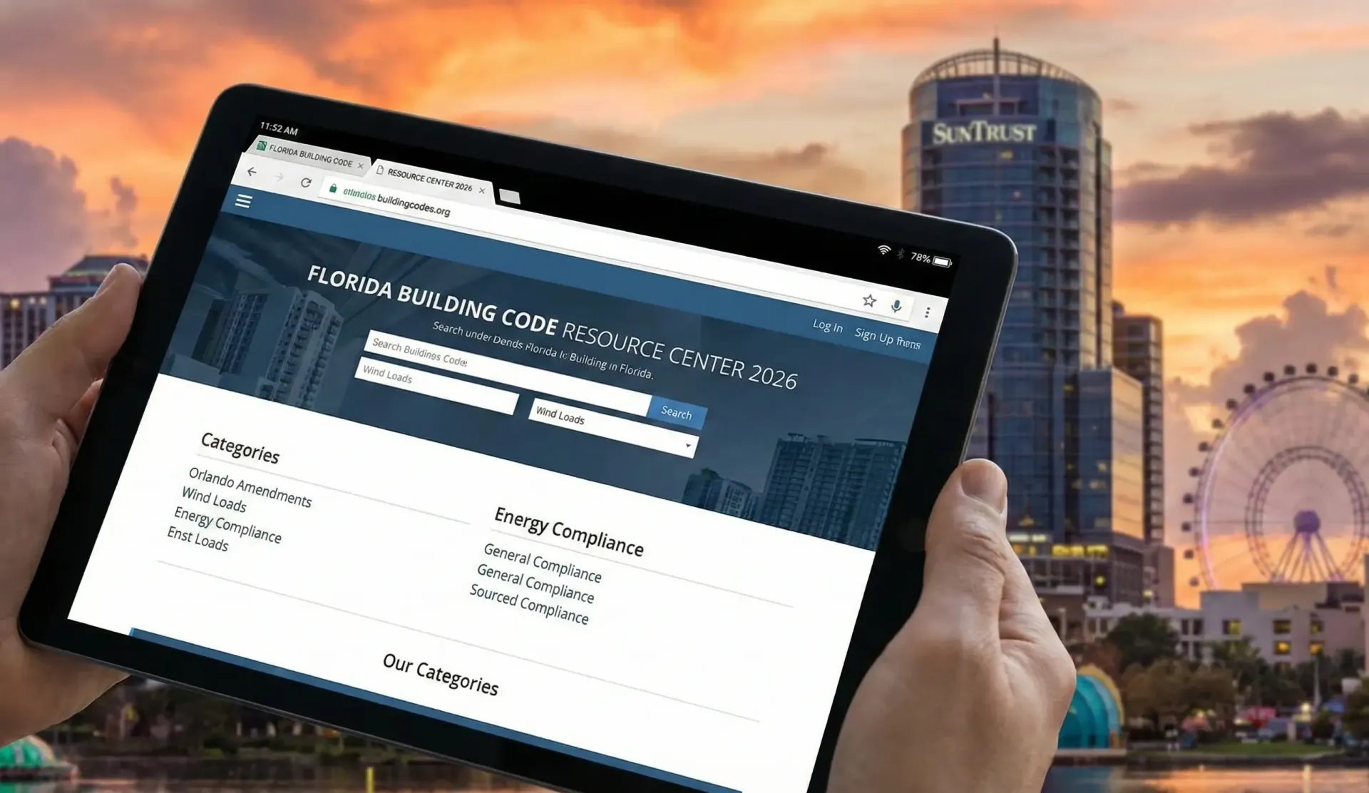 Tablet screen showing a Florida building code resource center with the Orlando skyline in the background.