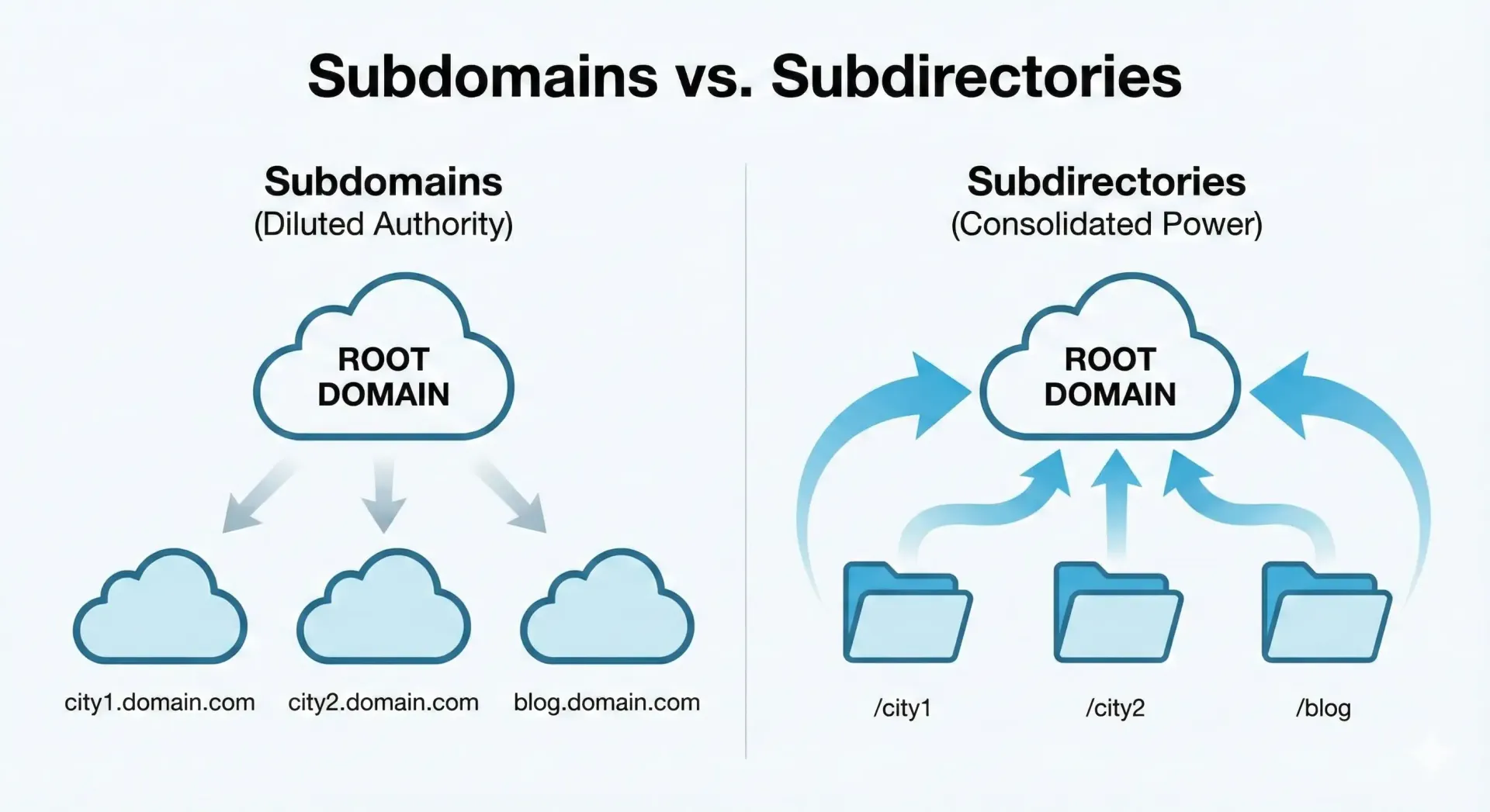 Diagram comparing subdomain vs subdirectory SEO structure for local contractors in Orlando and Columbus to improve ranking.