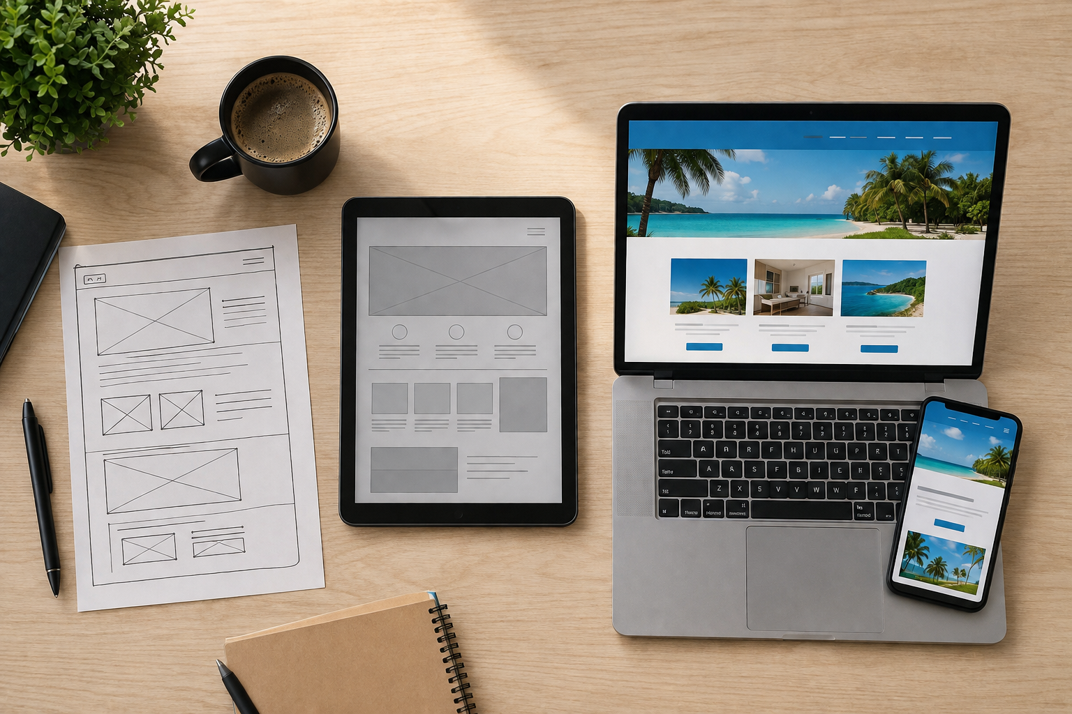 A website build shown in stages, from wireframe sketch to a finished responsive design on desktop and mobile.