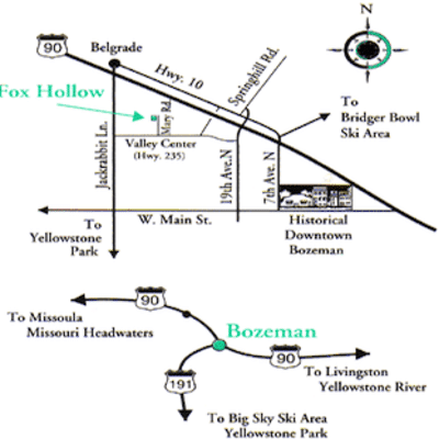 A map showing the location of fox hollow and bozeman