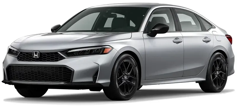 Honda Civic sedan prata com detalhes e rodas pretas.