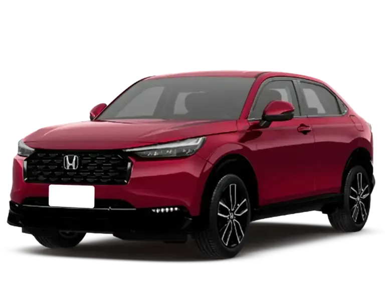 SUV Honda HR-V vermelho com grade e rodas pretas sobre fundo branco.