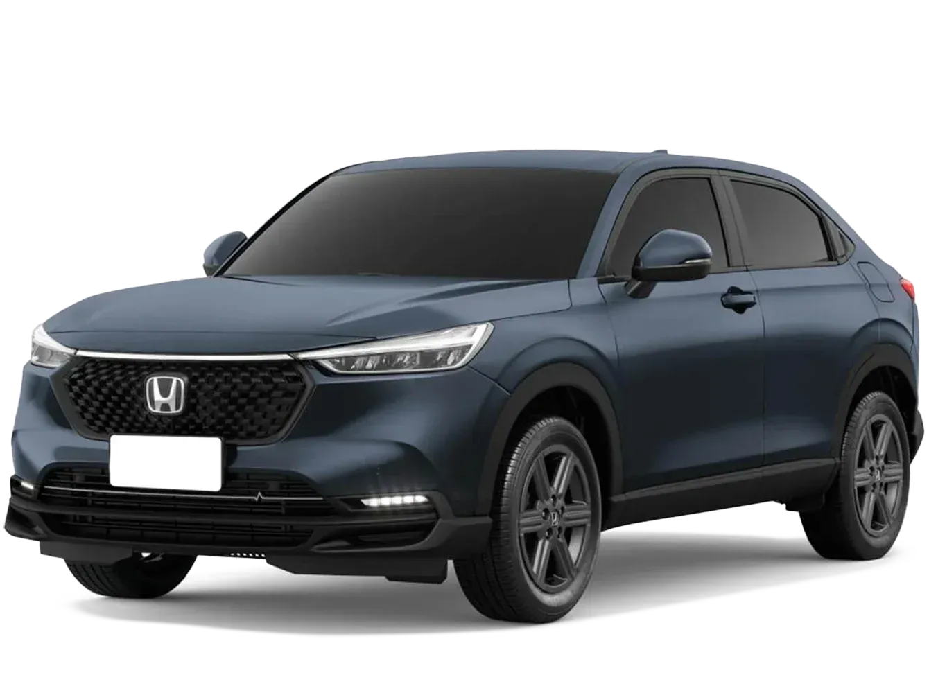 SUV Honda HR-V azul ligeiramente inclinado para a direita. A vista frontal do carro é visível, com rodas cinza-escuras.