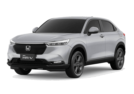 SUV compacto Honda HR-V prateado, vista frontal em ângulo, detalhes em preto, sobre fundo branco.