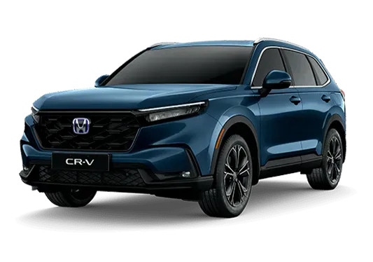SUV Honda CR-V azul, rodas pretas, vista frontal em ângulo.