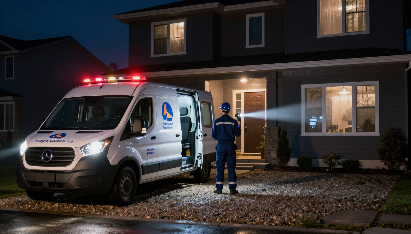 Licensed electrician performing emergency repairs on a residential electrical panel at night.