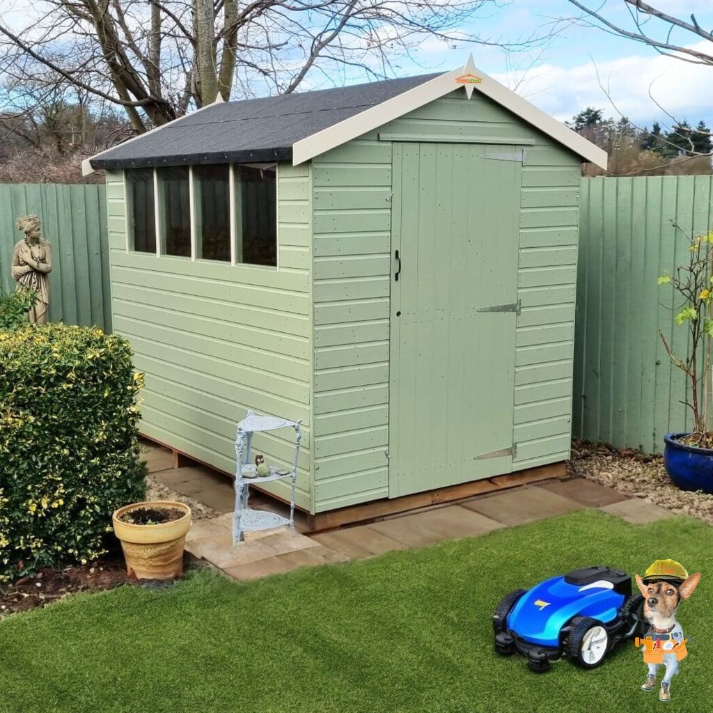 Lush green shed painted by Orchid decor. In a Newport Welsh garden with tidy lawn and fence.