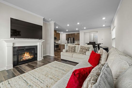 A home theater with an entertainment center and fire screen.