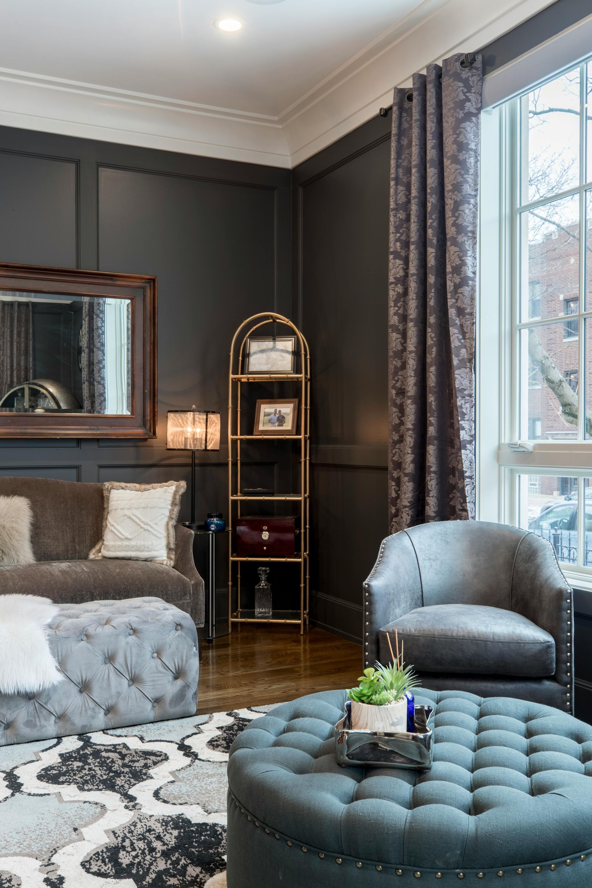 Living room with dark wood finish