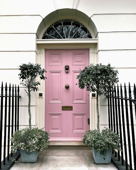 A pink front door on a Newport house with potted plants in front of it.