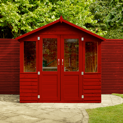 Bright red painted shed by Orchid Decor in Newport, Wales.