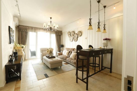 A studio couch near a dining table, restaurant window shade, and four-poster bed.