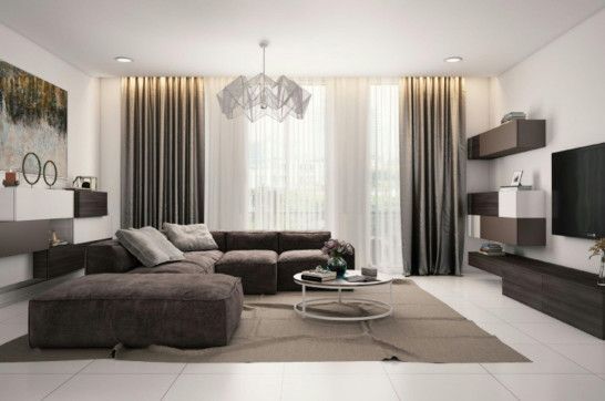 A studio couch near a home theater, shower curtain, and sliding door.