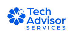 The logo for tech advisor services has a blue flower on it.