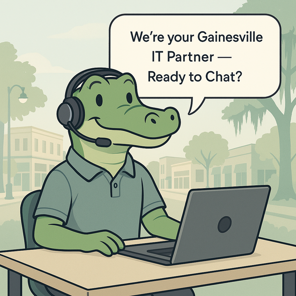 A cartoon alligator is sitting at a desk using a laptop computer.