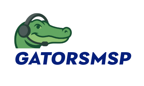A logo for gatormsp with a green alligator on a white background.