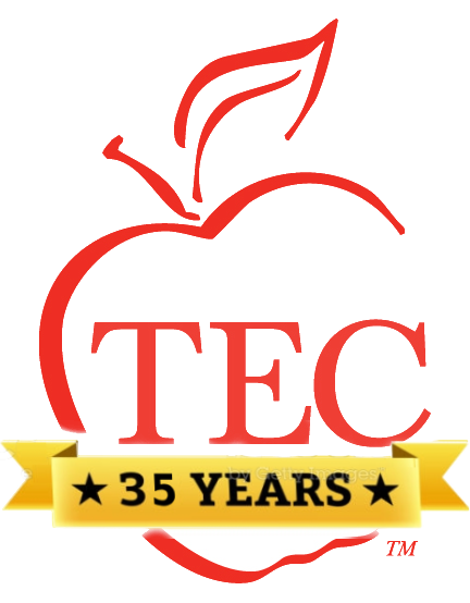 A red apple outline containing the red text 