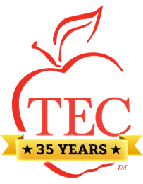 A red apple outline containing the red text 
