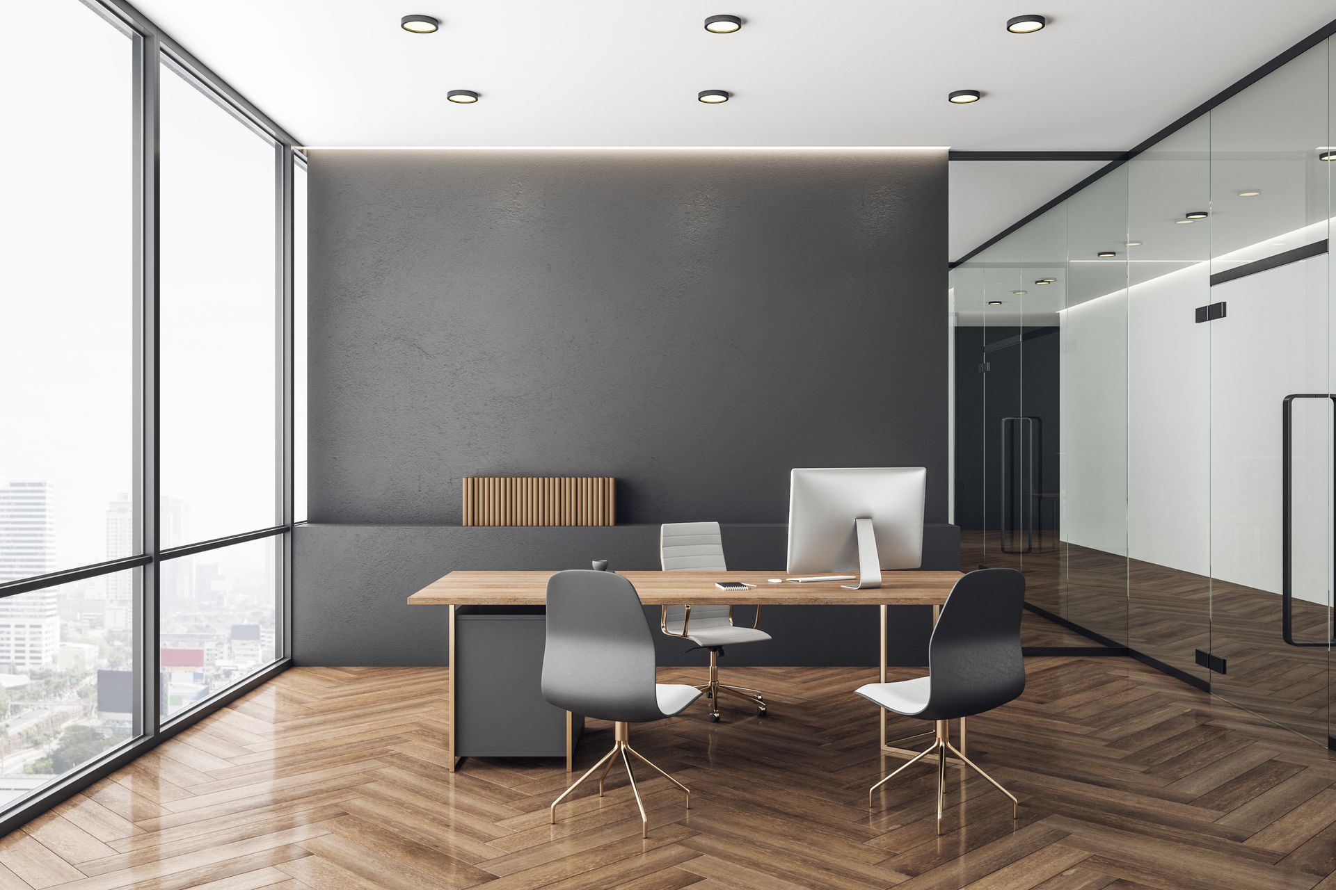 A modern executive office with a wooden desk, three ergonomic chairs, and large windows overlooking a city skyline.