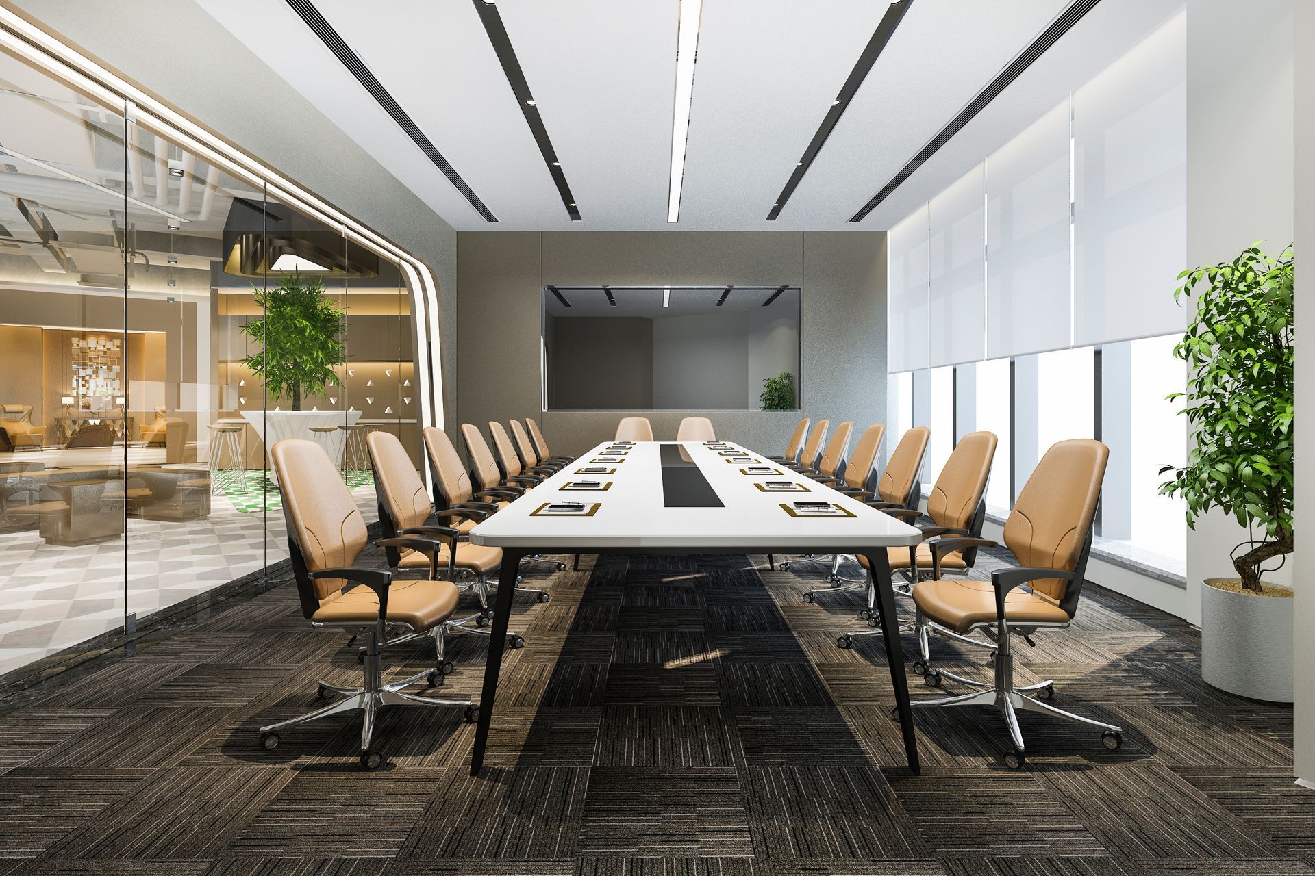 A bright, modern conference room with a long white table, beige rolling chairs, dark carpet, and floor-to-ceiling windows.
