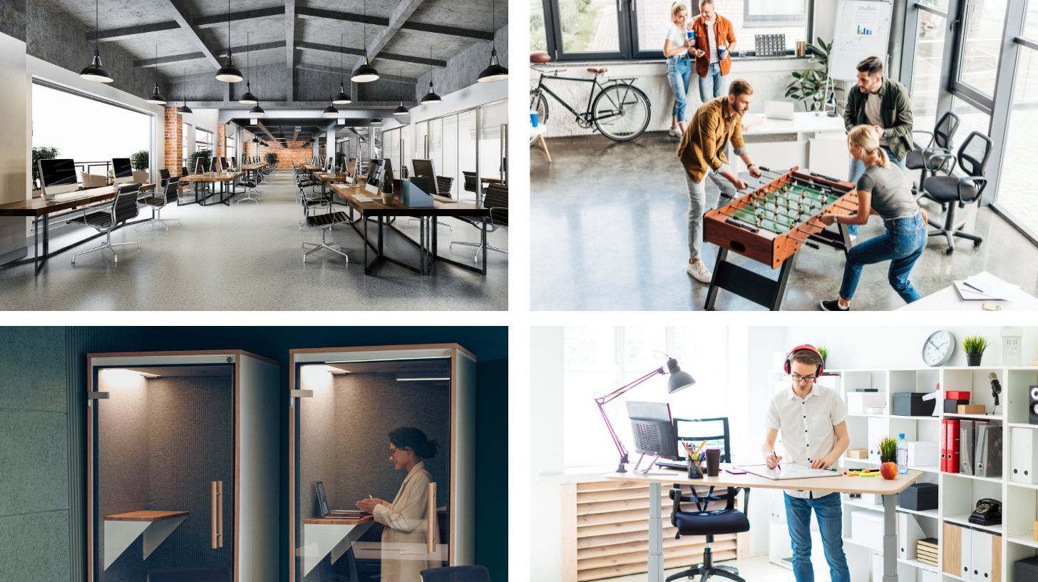 A collage showing diverse modern workspaces, including an open office, a foosball game, quiet pods, and a standing desk.