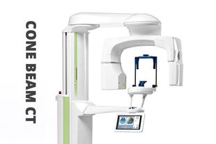 A cone beam ct machine is shown on a white background.