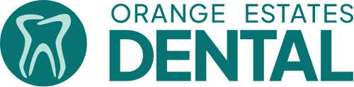 The logo for orange estates dental has a tooth in a circle.