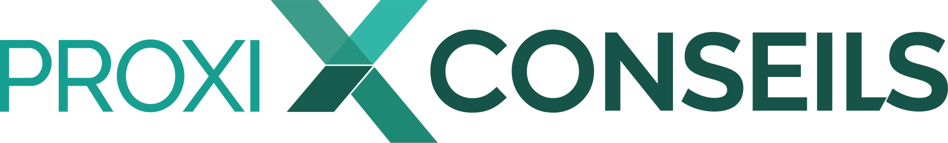 Logotipo de Proxi Conseils con una gran letra X estilizada en un degradado de verde azulado a verde oscuro.